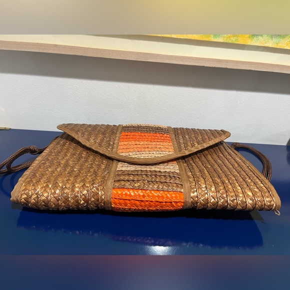 Waves Straw Wicker Purse Envelope Clutch Bag Brown Orange Vintage 70s 80s Lined - Picture 6 of 10